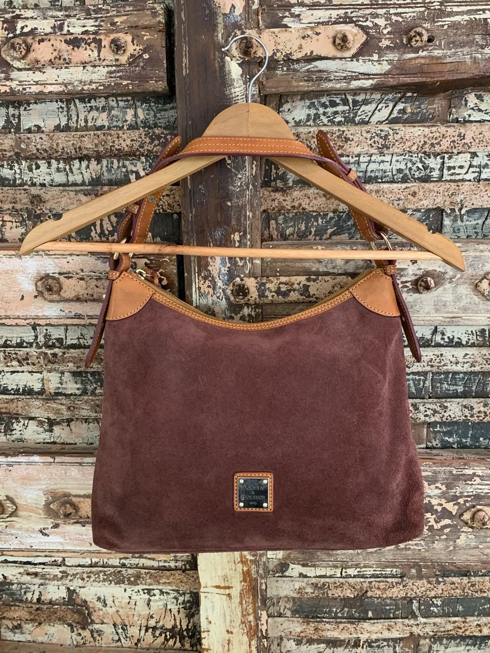 Dooney & Bourke Suede Leather Shoulder Hobo Bag, Brown Wine Slouch Tan Trim - Picture 1 of 14